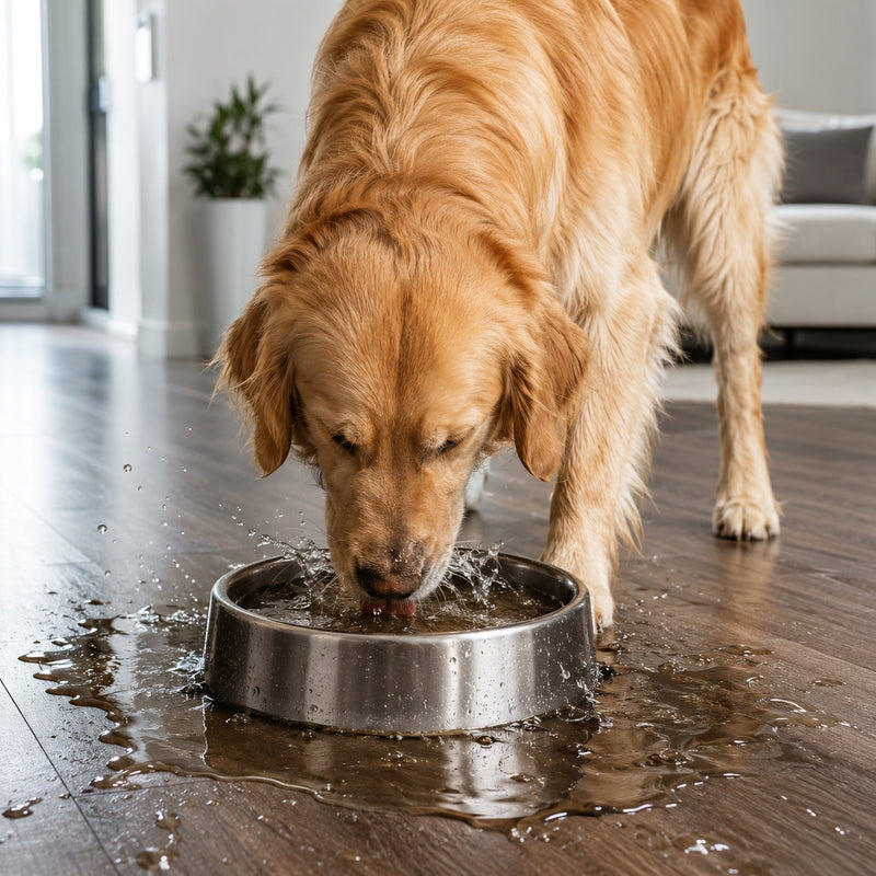 Perro bebiendo de cuenco tradicional con agua expuesta